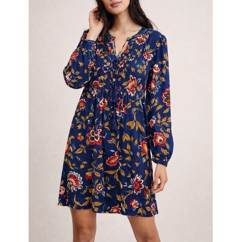 Old Navy Blue Floral Babydoll Dress Pintuck Tassel Tie Neck Long Sleeve Boho XL